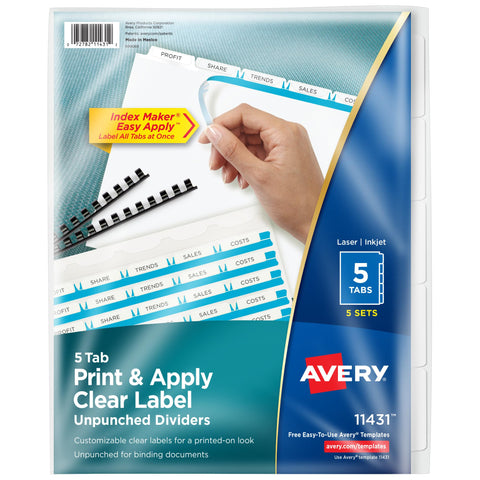 Avery 5 Tab Unpunched Dividers for Use with Any Binding System, Easy Print & Apply Clear Label Strip, Index Maker Customizable White Tabs, 5 Sets (11431)