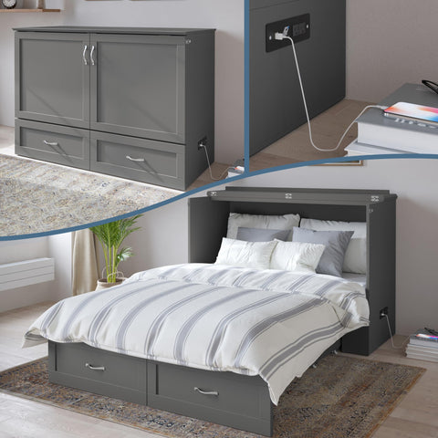 AFI Hamilton Full Murphy Bed Chest with Mattress, Storage, and Built-in Charger in Grey