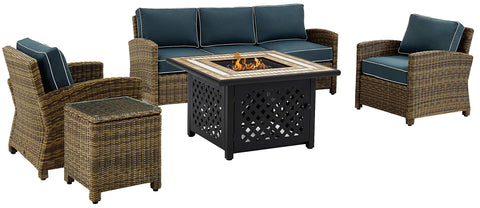 Bradenton 5Pc Wicker Outdoor Sofa Set W/ Fire Table Weathered Brown/Navy - Sofa, Side Table, Tucson Fire Table, & 2 Armchairs