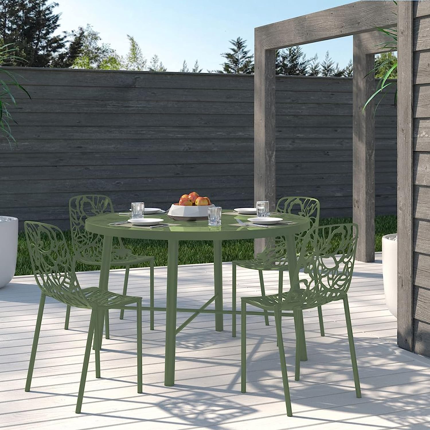 LeisureMod Devon Modern Aluminum Indoor-Outdoor Stackable Dining Chair Set of 4, Khaki Green