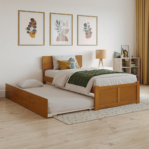 AFI Orlando Twin Solid Wood Platform Bed with Footboard & Twin Trundle in Light Toffee