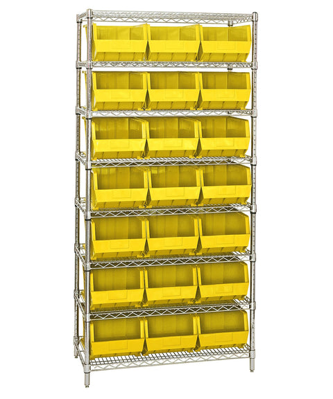 Quantum Storage Systems WR8-255YL 8-Tier Complete Wire Shelving System with 21 QUS255 Yellow Giant Open Hopper Bins, Chrome Finish, 18" Width x 36" Length x 74" Height