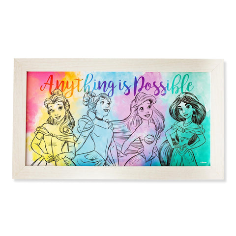 Silver Buffalo Disney Princess Belle, Cinderella, Ariel, and Jasmine Anything is Possible Rainbow Watercolor Sketch Framed MDF Wall Art Poster Room Decor, 10 x 18 inches