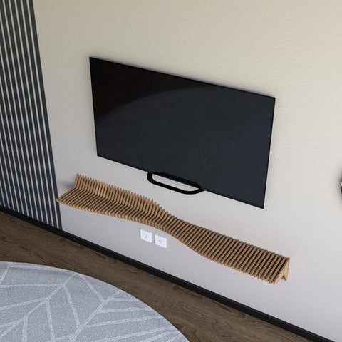 Parametric 60 inch Floating Shelf TV Unit Modern Geometric Wooden Wall Piece Decor Natural Oak Color 3D Wavy Living and Gaming Room Shelf