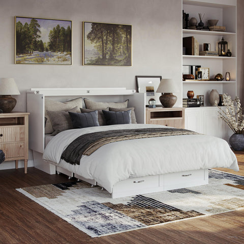 AFI, Chelsea Mid-Century Modern Queen Solid Wood Murphy Bed Chest with 6" Mattress, Storage Drawer & Built-in USB Charger, White