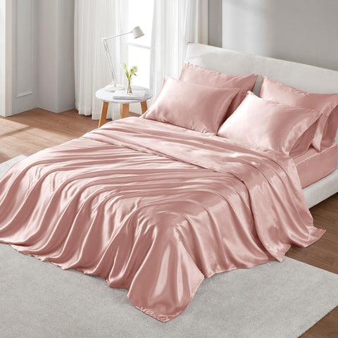 Madison Park Essentials Satin Sheet Set Luxury and Silky with Natural Sheen, Elastic 14" Pocket fits up to 16" Mattress, All Around Elastic - Year-Round Bedding, Cal King, Blush, 6 Piece