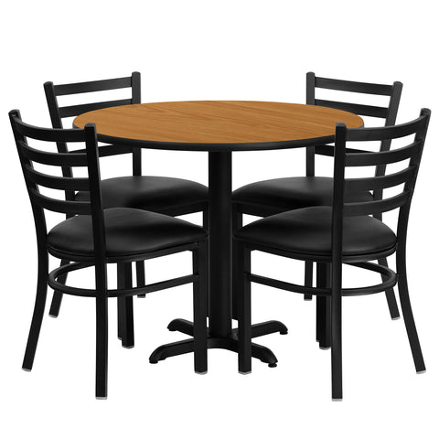 Flash Furniture Carlton 36'' Round Natural Laminate Table Set with X-Base and 4 Ladder Back Metal Chairs - Black Vinyl Seat