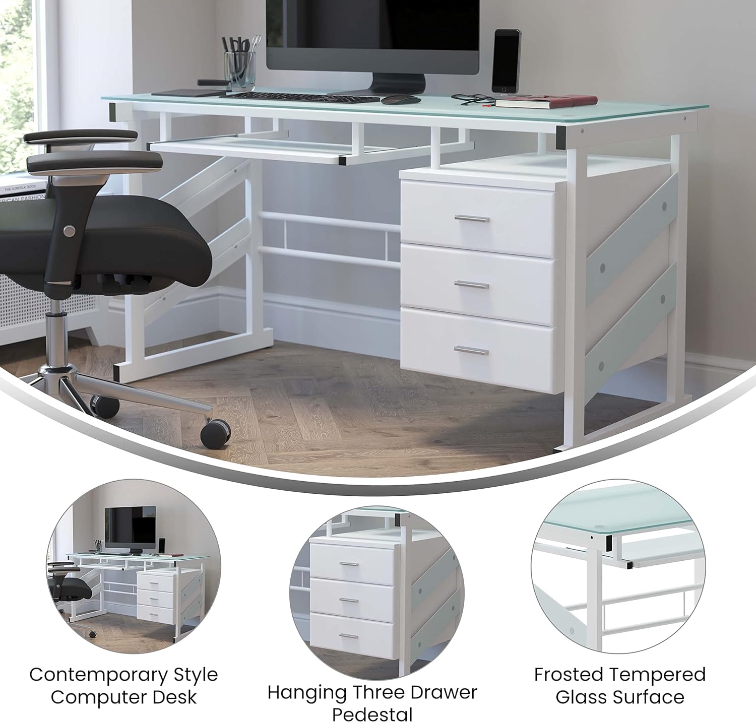 Flash Furniture Singleton White Computer Desk with Frosted Glass Top and Three Drawer Pedestal