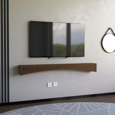 Parametric 60 inch Floating Shelf TV Unit Modern Geometric Wooden Wall Piece Decor Natural Oak Color 3D Wavy Living and Gaming Room Shelf