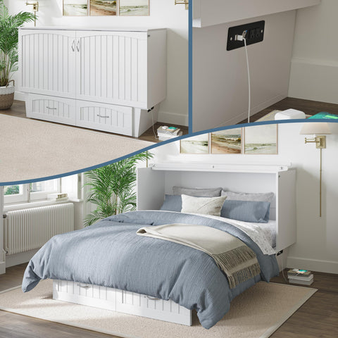 AFI, Nantucket Queen Murphy Bed Chest with Mattress, Storage Drawer and Built-In USB Charger, White