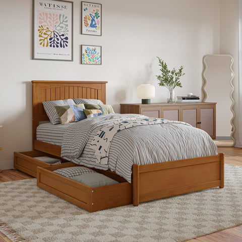 AFI, Malta Twin XL Platform Bed with Panel Footboard and Storage Drawers, Light Toffee