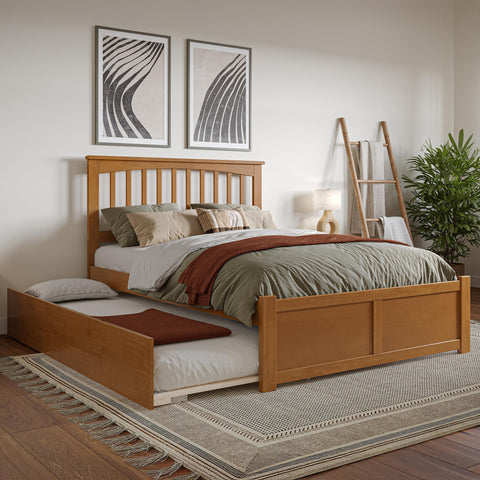 AFI, Mission Full Platform Bed with Footboard & Twin Trundle, Light Toffee