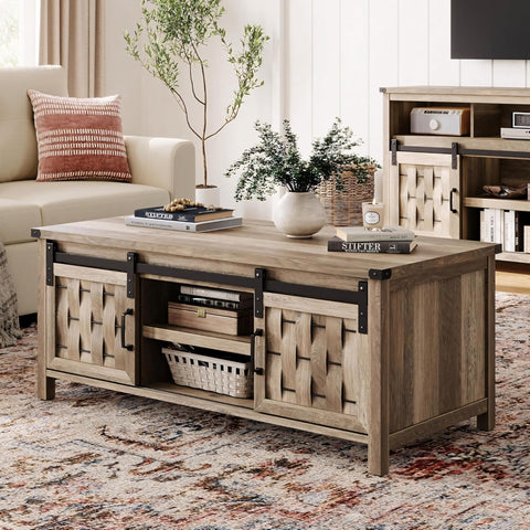 47.24" Farmhouse Coffee Table with Storage & Sliding Barn Doors, Industrial Cocktail Table with Adjustable Shelves, Rustic Rectangular Living Room Table,Light Brown