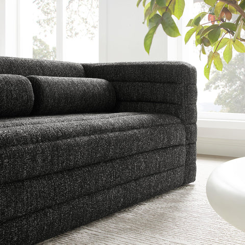 Modway Relle Channel Tufted Boucle Upholstered Loveseat in Charcoal - Deep Seat Small Couch - Retro Vintage Mid Century Soft Love Seat with 2 Bolster Pillows - 2 Seater Couch for Living Room
