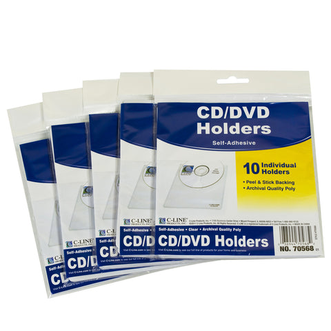 C-Line Self-Adhesive CD Holder, 5.33 X 5.66 Inches, Clear, 5 Packs of 10 Sheets, 50 Total (70568-5)
