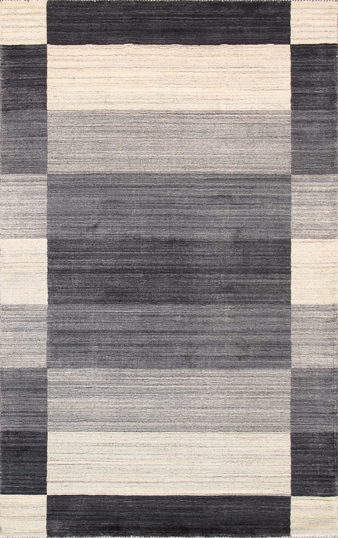 Pasargad Home Gramercy Collection Hand-Loomed Ivory/Grey Bsilk & Wool Area Rug with Cotton Backing- 5' 0'' X 7' 0''