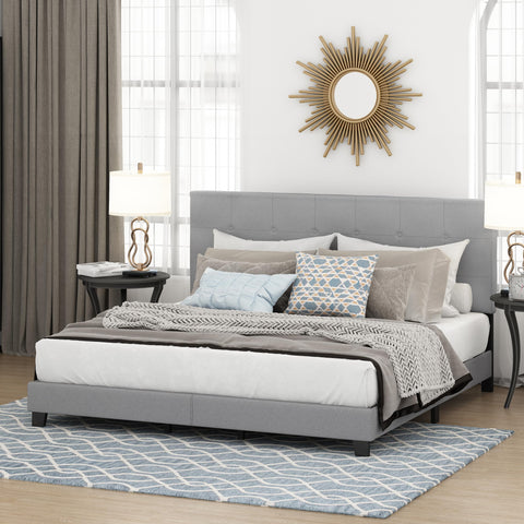 Furinno Laval Button Tufted Upholstered Platform Bed Frame, King, Glacier