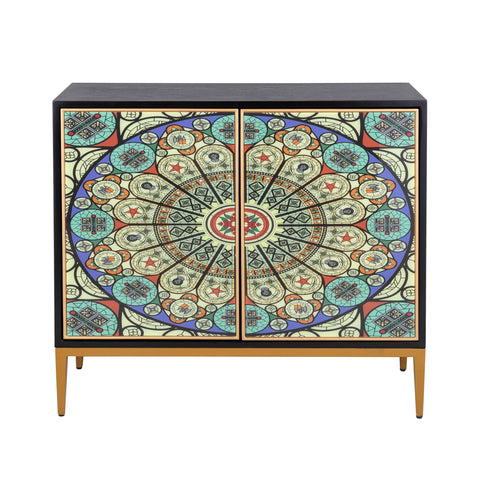 Pasargad Home Solani 2-Door Accent Cabinet, Push-to-Open Doors with Gold Metal Legs & Interior Shelves, Black/Multicolor
