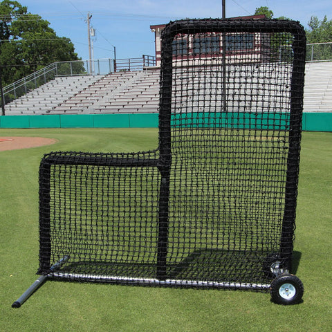 Cimarron Sports Commercial Baseball Pitcher L-Net Protective Screen for Batting Cage and Field Practice, Built-in Wheels for Portability, Heavy Vinyl and Foam Frame Padding, 7'W x 7'H