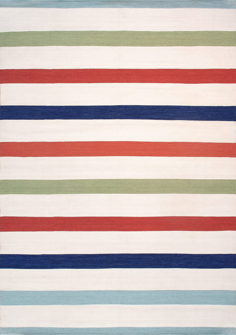 Pasargad Home Hampton Collection Striped Ivory/Multicolor Indoor/Outdoor Reversible Area Rug-12' 0'' X 15' 0''