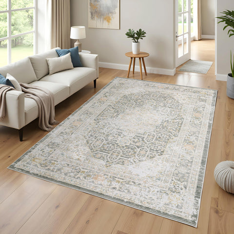 Oriental Weavers Cavett Area Rug - CAV02-6'7" x 9'6" - in Grey/Orange - Vintage Inspired, Stain Resistant, Family and Pet Friendly, Dining, Living Room Rug