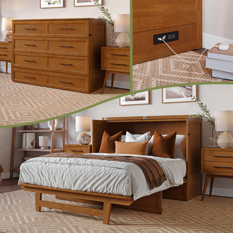 AFI, Tucson Full Wood Murphy Bed Chest with 6" Mattress, Storage Drawer & Built-in USB Charger, Light Toffee