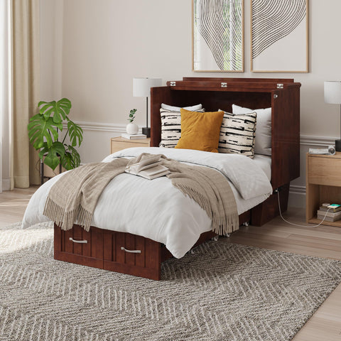 AFI, Sydney Twin Wood Murphy Bed Chest with 6" Mattress, Storage Drawer & Built-in USB Charger, Walnut