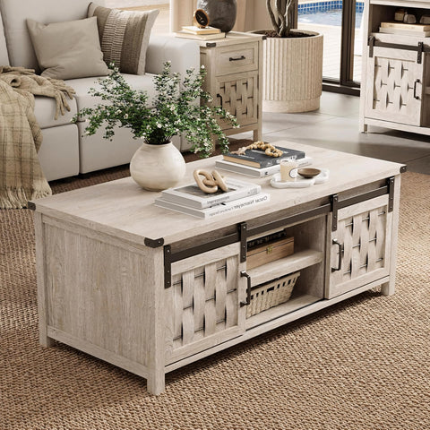 47.24" Farmhouse Coffee Table with Storage & Sliding Barn Doors, Industrial Cocktail Table with Adjustable Shelves, Rustic Rectangular Living Room Table,Light Gray