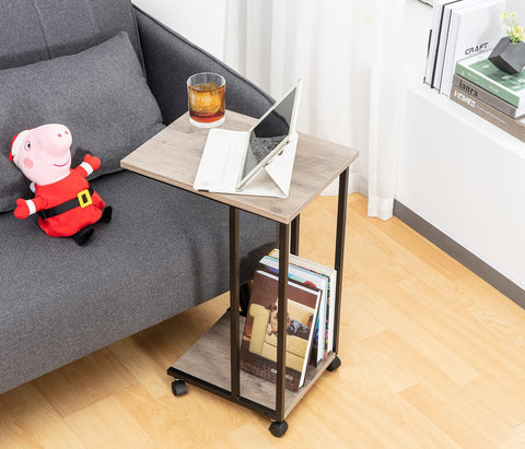 JJS Side End C Table for Sofa, Living Room Couch Table Snack Table That Slide Under for Small Spaces, Smoky Grey