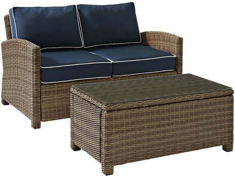 Bradenton 2Pc Wicker Outdoor Loveseat Patio Furniture Set Navy/Weathered Brown - Loveseat & Coffee Table