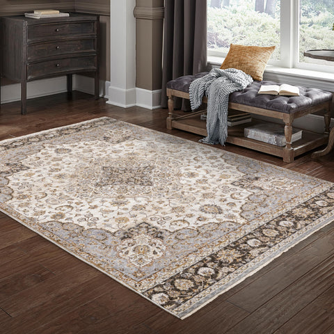 Oriental Weavers Maharaja Area Rug - 660J1-9'10" x 12'10" - in Ivory/Blue - Vintage Inspired, Stain Resistant, Family and Pet Friendly, Family, Dining, Living Room Rug