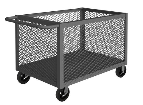 4 Sided Mesh Box Truck With 6 Inch x 2 Inch Mold-On-Rubber Casters (2) Rigid And (2) Swivel 1 Shelf And Tubular Push Handle Gray