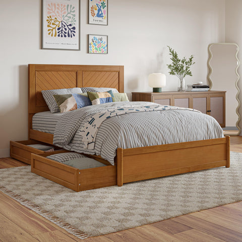 AFI, Clayton Full Platform Bed with Panel Footboard & Storage Drawers, Light Toffee
