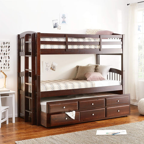 Acme Micah Wooden Frame Twin Over Twin Storage Bunk Bed with Trundle in Espresso