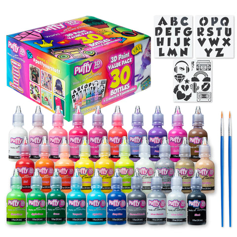 Puffy Bulk Buy Paint 30 Pack Premium Quality 3D Paint Set. Safe for Kids, Great for School Projects, Permanent on Fabric, Canvas, Wood, Glass, and More Craft Surfaces