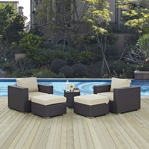 Modway Convene Wicker Rattan 5-Piece Outdoor Patio Furniture Set in Espresso Beige