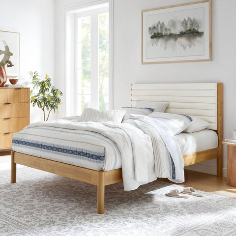 Modway Olea Full Size Boucle Upholstered Platform Bed in Feather Oak - Solid Wood Double Bed Frame with Channel Tufted Boucle Fabric Headboard - Sturdy Wood Slat Support - No Box Spring Required