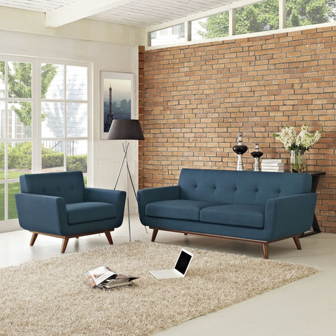 Modway Engage Mid-Century Modern Upholstered Fabric Armchair and Loveseat in Azure