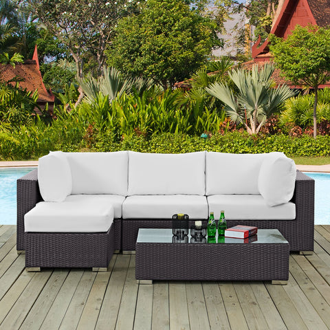 Modway Convene Wicker Rattan 5-Piece Outdoor Patio Sectional Sofa Furniture Set in Espresso White