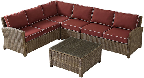 Bradenton 5Pc Wicker Outdoor Sectional Patio Furniture Set Sangria/Weathered Brown - Right Side Loveseat, Left Side Loveseat, Corner Chair, Center Chair, & Sectional Glass Top Coffee Table