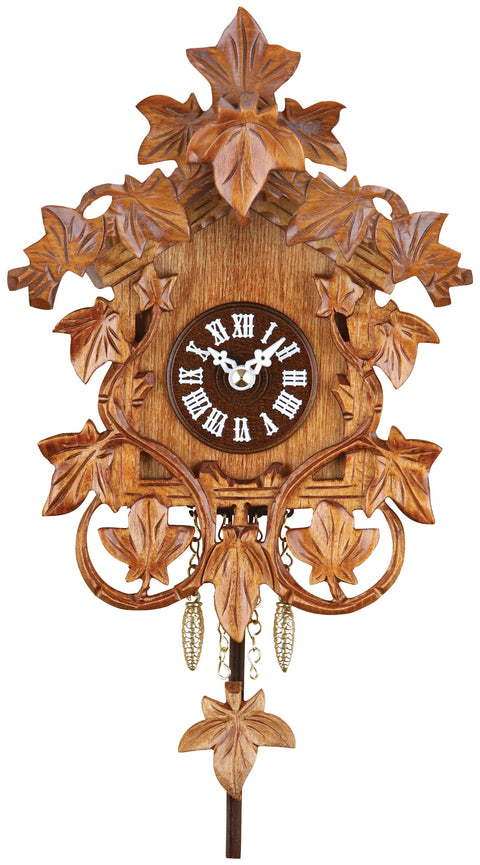 River City Clocks 7" Quartz Novelty Hand-Carved Vines and Leaves, Cuckoo Chime Wall Clock, Brown