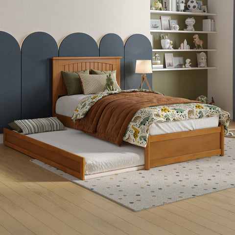 AFI, Malta Twin Platform Bed with Panel Footboard and Twin Trundle, Light Toffee