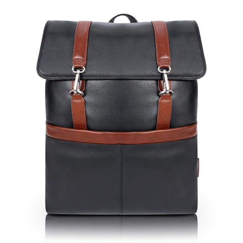 McKleinUSA Element Pebble Grain Calfskin Leather 17" Leather Two-Tone Flap-Over Laptop & Tablet Backpack Black (18472)