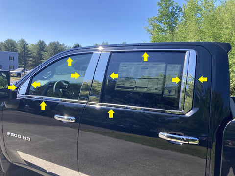QAA Part WP60184 is a 20 Piece Stainless Steel Window Trim Package Includes Upper Trim, Window Sills, Pillar Posts That is Compatible with Chevrolet Silverado 2500/3500 HD 2020-2024, 4dr, Pickup