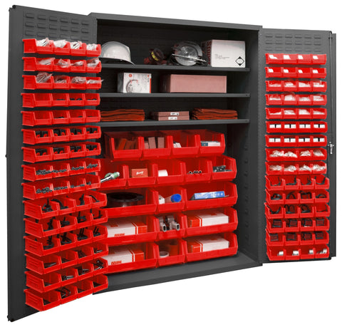 Durham 2502-138-3S-1795 Lockable Cabinet with 138 Red Hook-On Bins, 3 Adjustable Shelves, Flush Door Style, 48" Wide, 16 Gauge, Gray