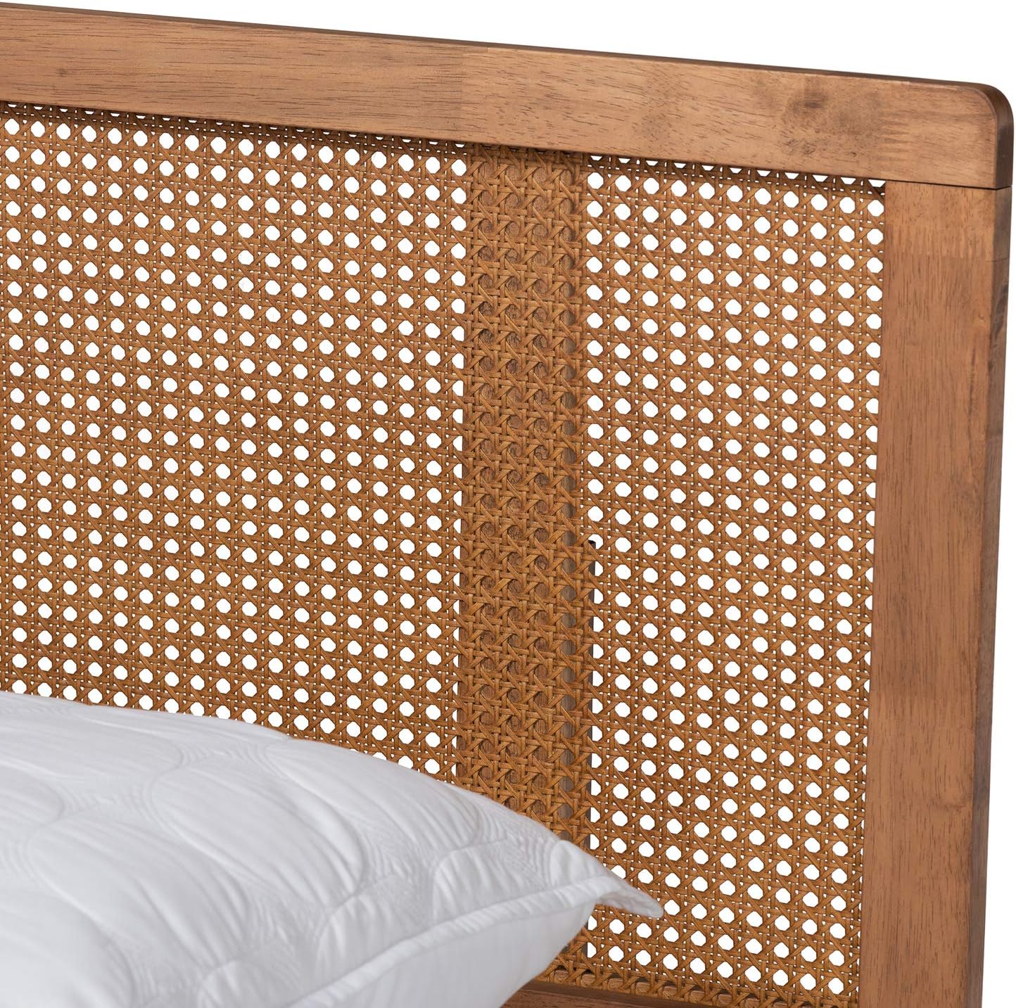 Baxton Studio Romy Vintage French Inspired Ash Wanut Finished Wood and Synthetic Rattan Full Size Platform Bed