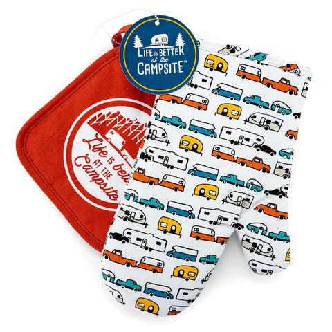 Camco Life is Better at The Campsite Heat Resistant Oven Mitt and Pot Holder Set - Heat Resistant, 100% Cotton - Features Unique RV Camping-Themed Design (53259)