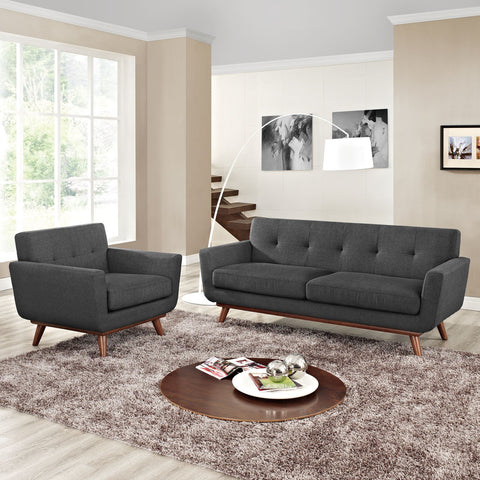 Modway Engage Mid-Century Modern Upholstered Fabric Armchair and Loveseat in Gray