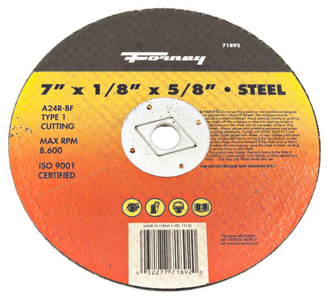 Forney 71892 Cut-Off Wheel with 5/8-Inch Arbor, Metal Type 1, A24R-BF, 7-Inch-by-1/8-Inch