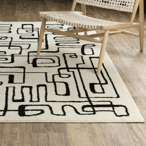 Oriental Weavers Quinn QUI11 - Machine Woven Area Rug - 2' x 7' - in Beige/Black - Modern Style Hallway, Entryway, Kitchen, Bathroom Rug
